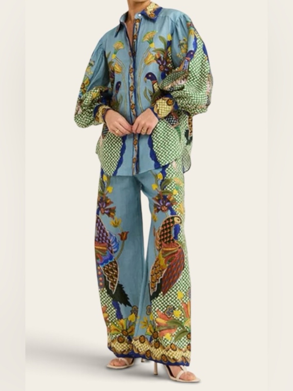 Unbranded Vibrant Blue Floral & Bird Printed Button-Up Set Size Large